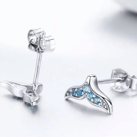 Genuine 925 Sterling Silver Whale / Mermaid Tail Earrings - Picture 3 of 8